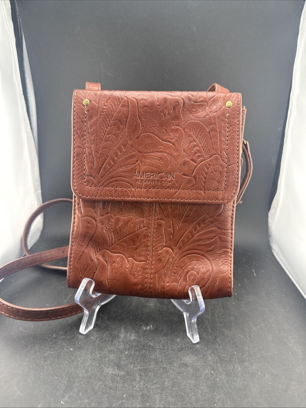 American Leather Co Kinsley N/S Crossbody Bag Brandy Tooled Floral Leather